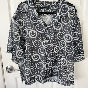 Fashion Nova Black and White Smiley Face Button Down Shirt